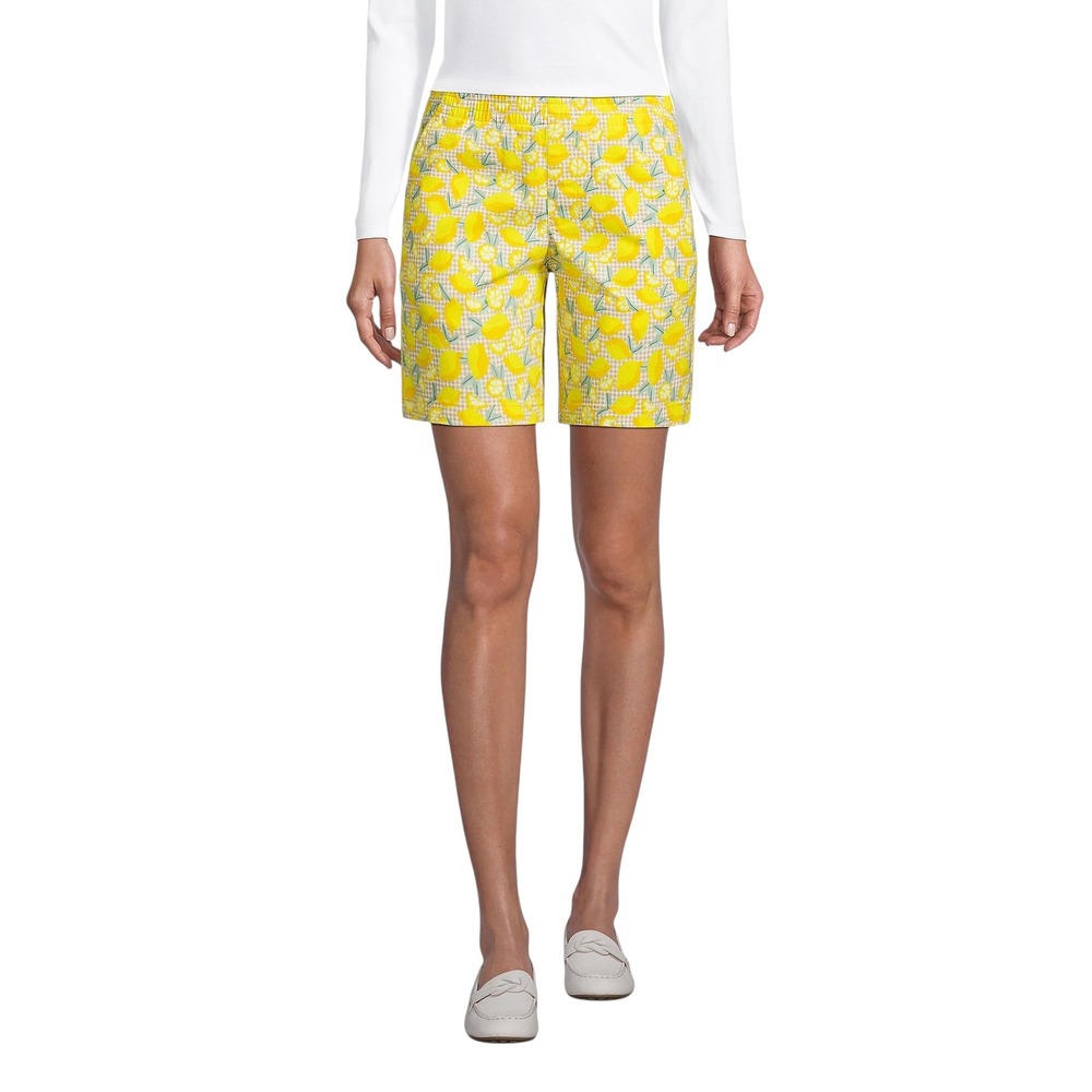 Lands End Size 4P Chino Shorts‎ Lemon Print Gingham Yellow Elastic Mid Rise 549